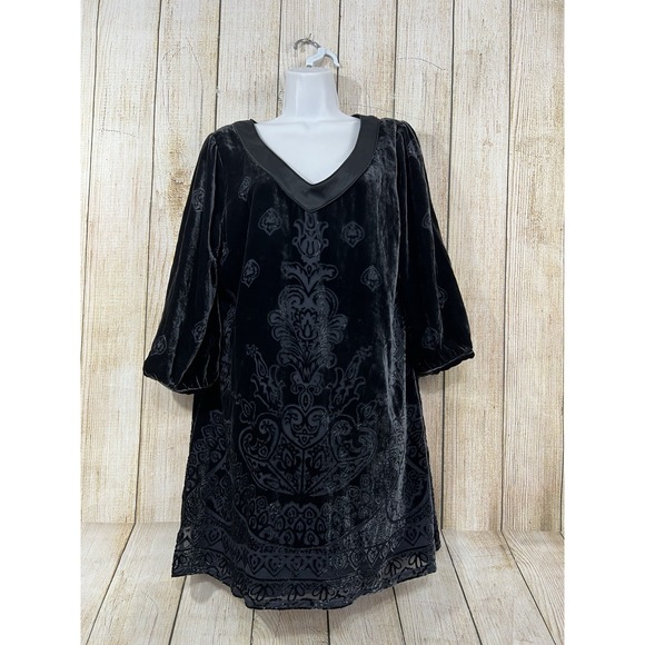 Soft Surroundings Black Velvet Burnout Tunic Dress M Silk Blend Whimsigoth Boho - Picture 2 of 8